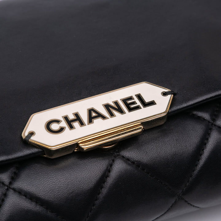 Quilted Lambskin Retro Label Shoulder Bag Black - Gaby Paris