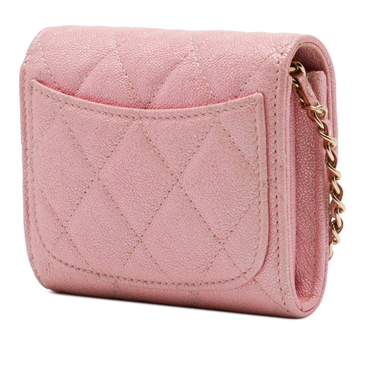 CC Matelassé Irisé à rabat Porte-cartes avec chaîne Cuir caviar Rose