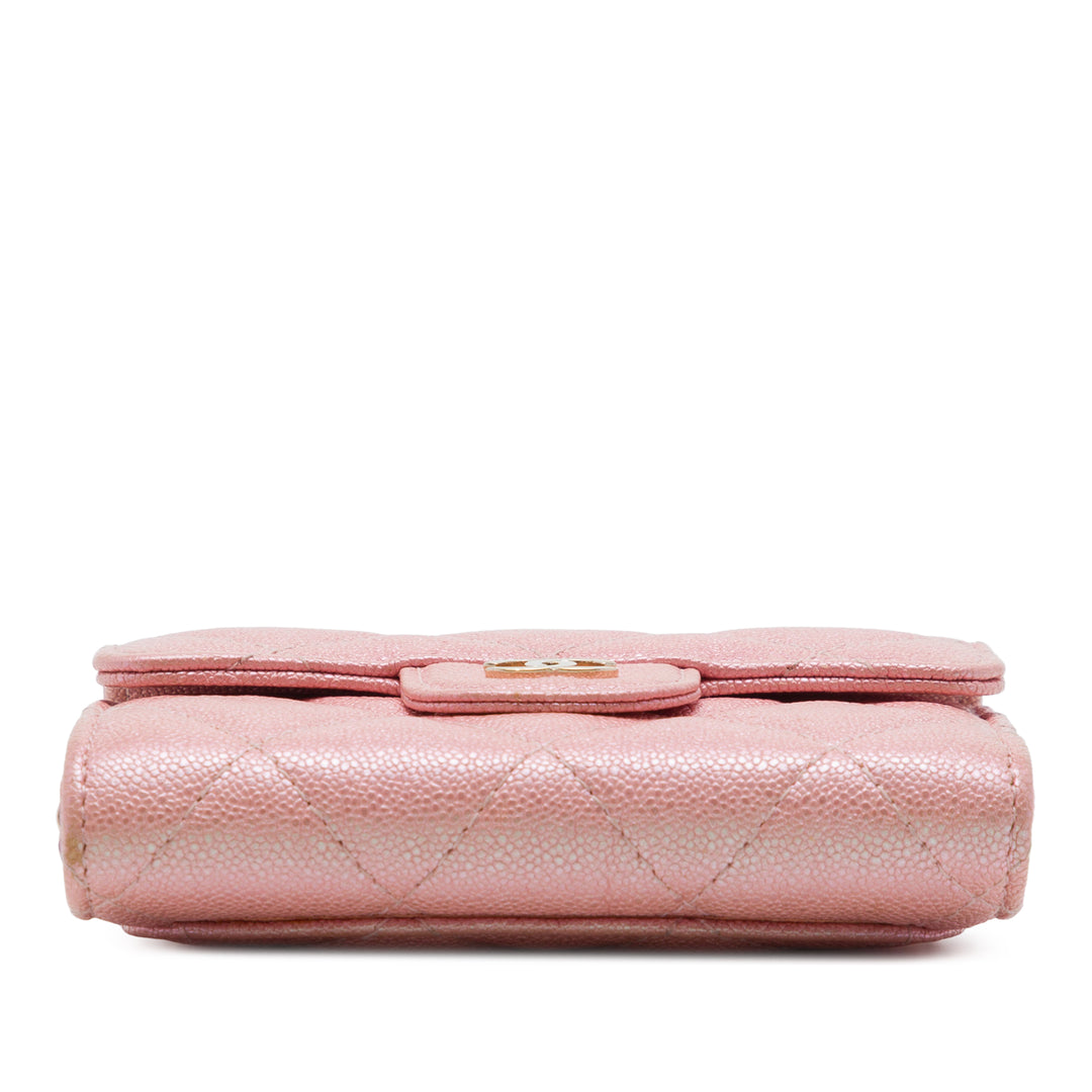 CC Matelassé Irisé à rabat Porte-cartes avec chaîne Cuir caviar Rose