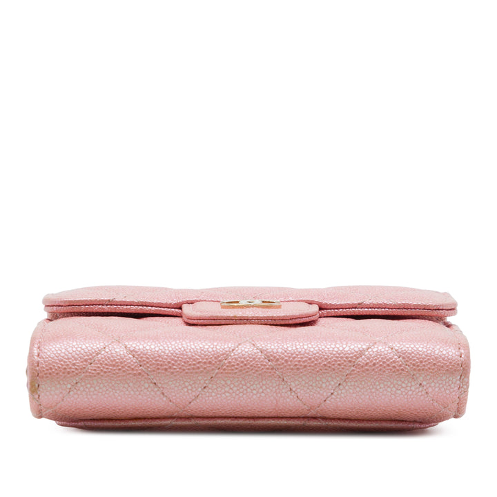 CC Matelassé Irisé à rabat Porte-cartes avec chaîne Cuir caviar Rose