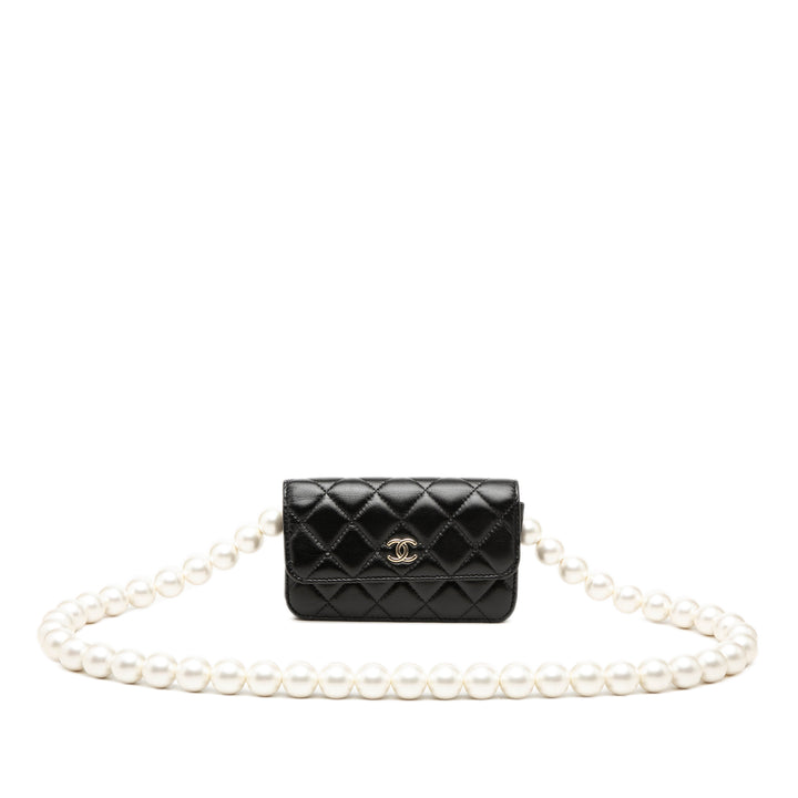 Matelassé Perles Pochette avec chaîne Maxi Cuir de veau Noir