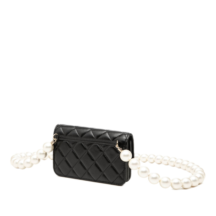 Matelassé Perles Pochette avec chaîne Maxi Cuir de veau Noir