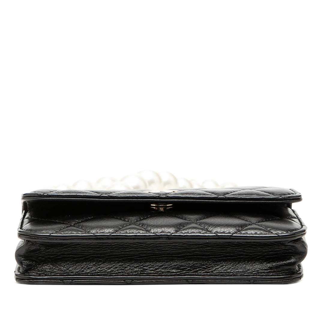 Matelassé Perles Pochette avec chaîne Maxi Cuir de veau Noir