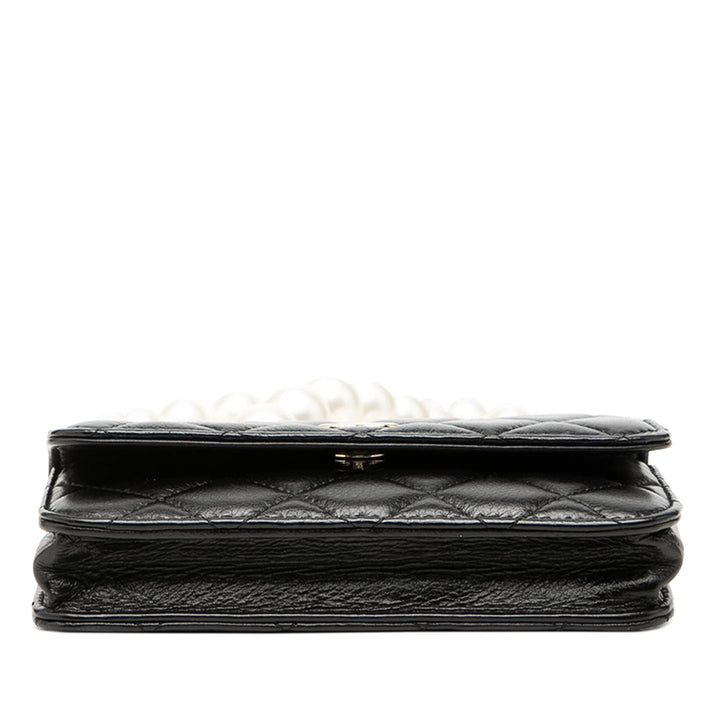 Matelassé Perles Pochette avec chaîne Maxi Cuir de veau Noir
