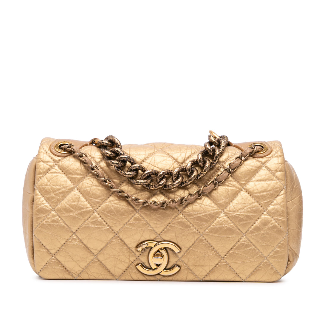 Medium Quilted Aged Calfskin Pondichery Flap Gold - Gaby Paris