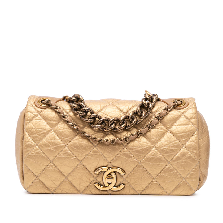 Medium Quilted Aged Calfskin Pondichery Flap Gold - Gaby Paris
