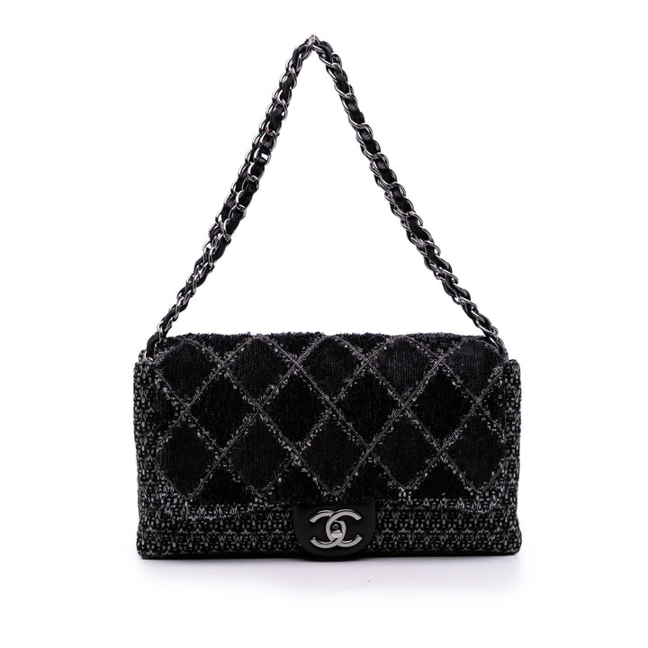 Chanel Large Tweed and Sequins Icons 3 Accordion Flap Noir