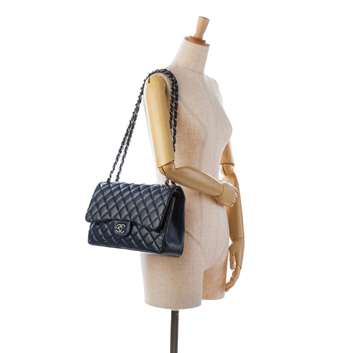 Jumbo Classic Lambskin Double Flap Blue - Gaby Paris