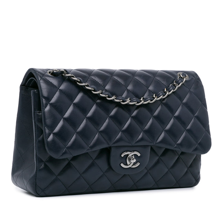 Jumbo Classic Lambskin Double Flap Blue - Gaby Paris