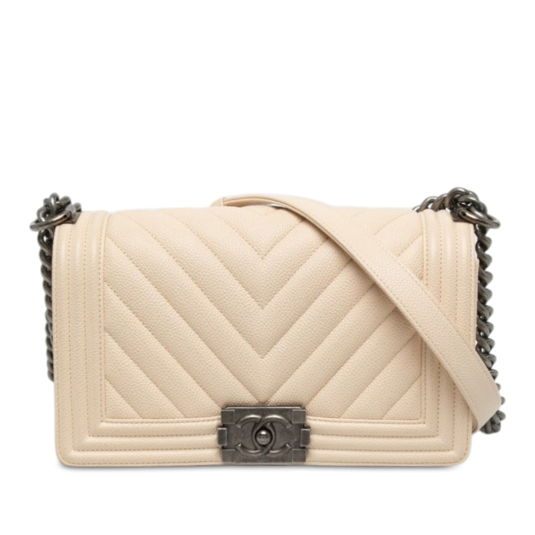 Chanel Chevron Boy à rabat Moyen Cuir caviar Marron – vue principale – GABY PARIS
