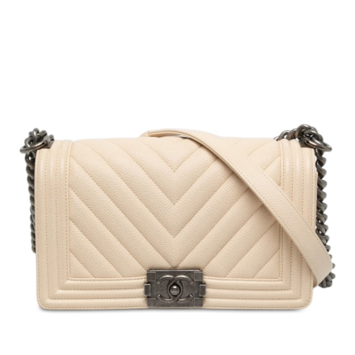 Chanel Chevron Boy à rabat Moyen Cuir caviar Marron – vue principale – GABY PARIS