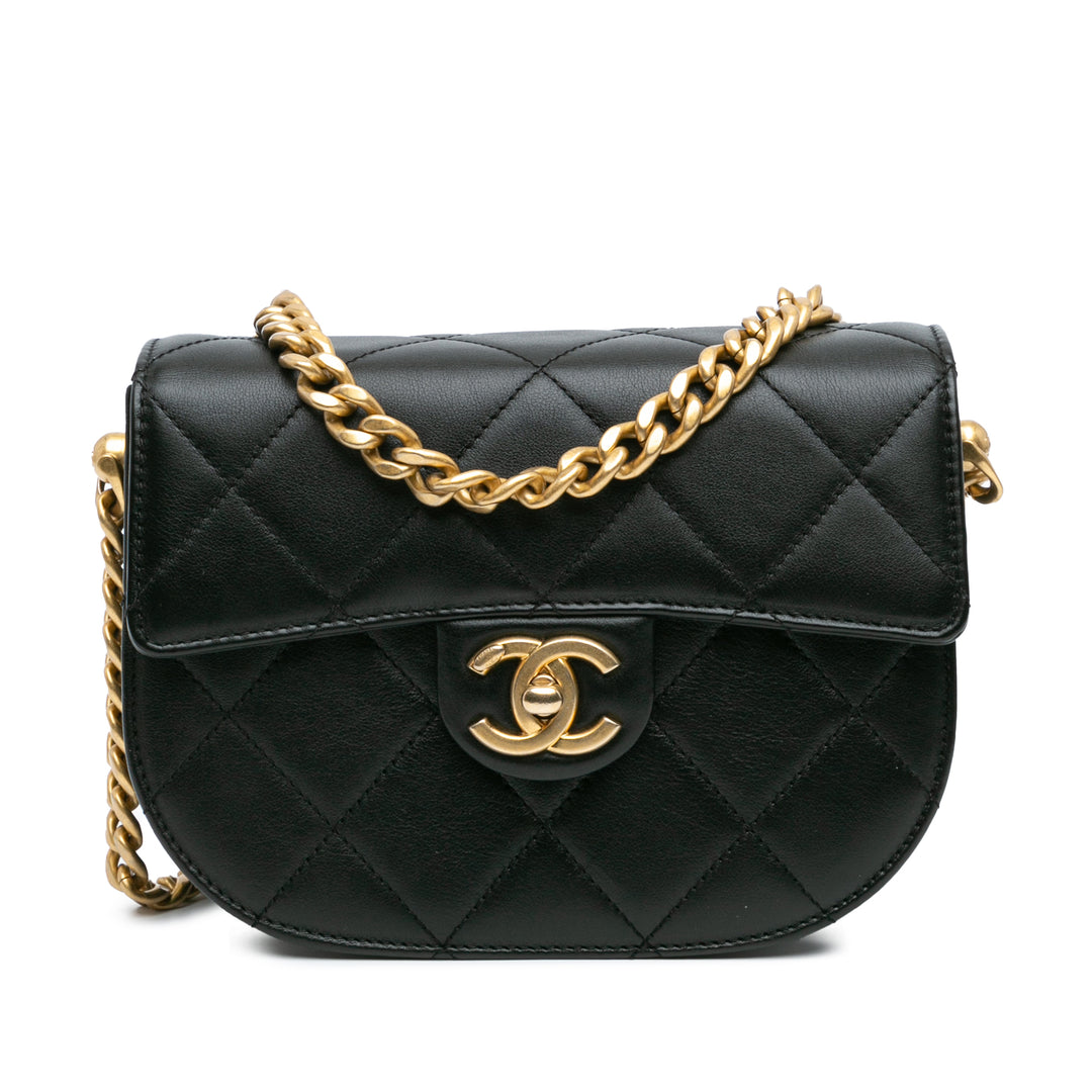 CC Quilted Calfskin Round Moon Messenger Flap Black - Gaby Paris