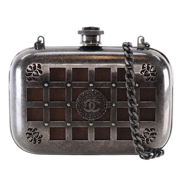 Chanel Paris Edinburgh Mini Gunmetal Grid Cage Pochette on Chain Gris