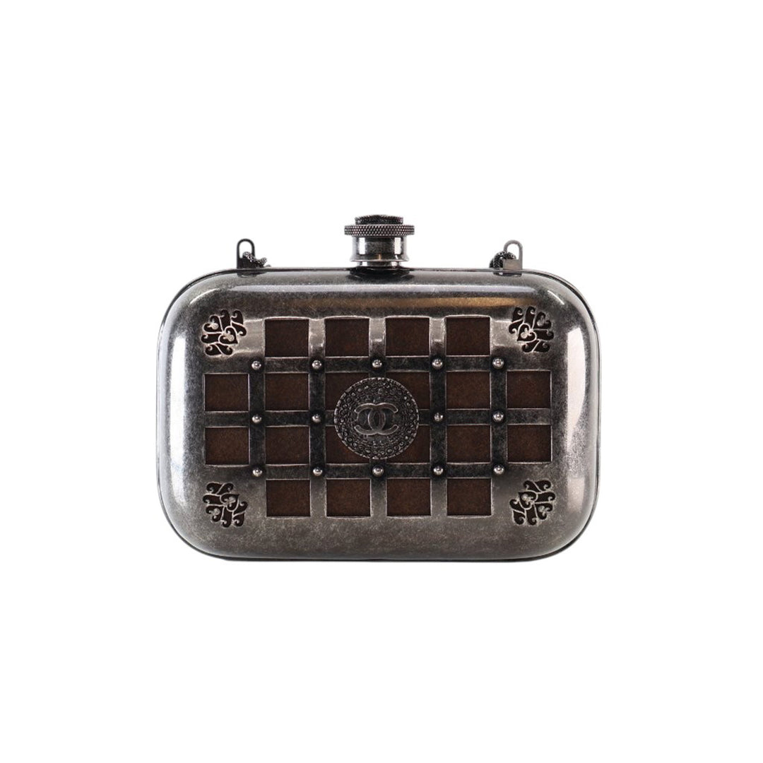 Chanel Paris Edinburgh Mini Gunmetal Grid Cage Pochette on Chain Gris