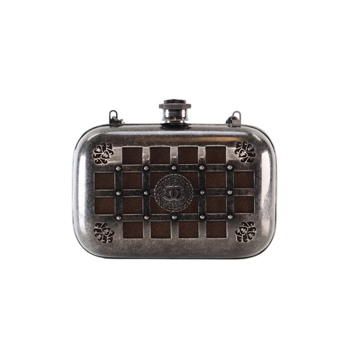 Chanel Paris Edinburgh Mini Gunmetal Grid Cage Pochette on Chain Gris