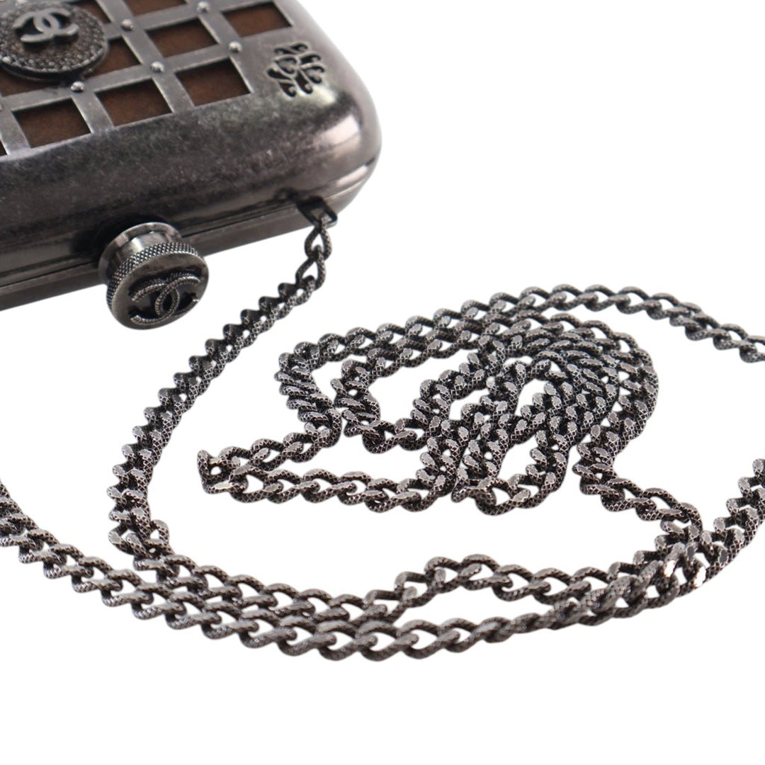 Chanel Paris Edinburgh Mini Gunmetal Grid Cage Pochette on Chain Gris