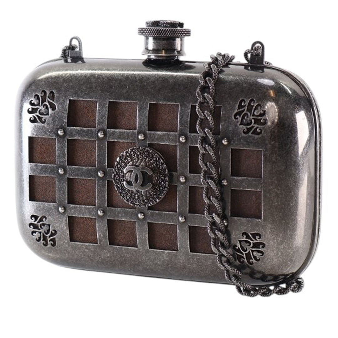 Chanel Paris Edinburgh Mini Gunmetal Grid Cage Pochette on Chain Gris