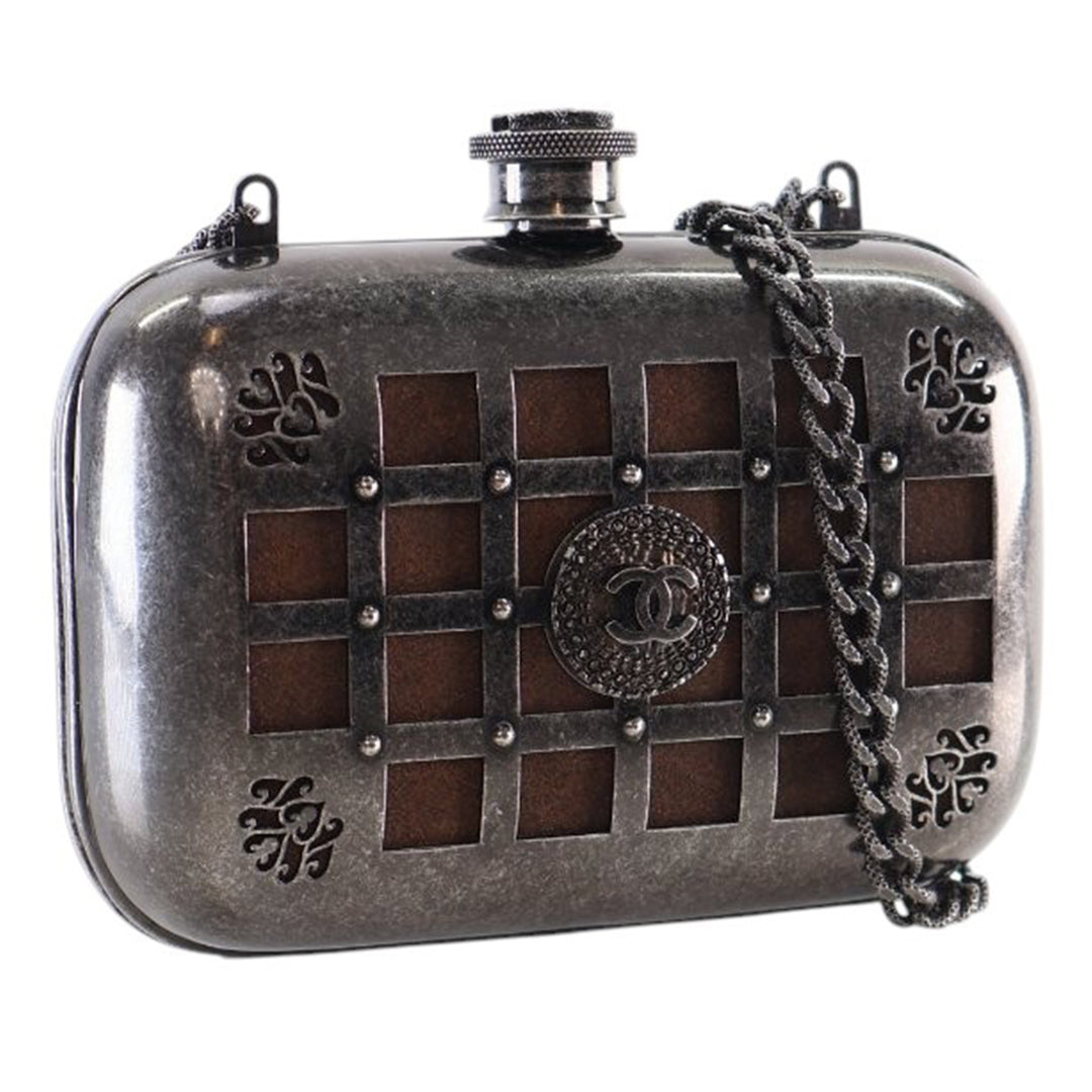 Chanel Paris Edinburgh Mini Gunmetal Grid Cage Pochette on Chain Gris