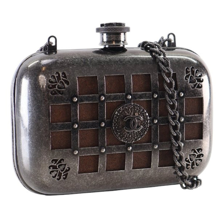 Chanel Paris Edinburgh Mini Gunmetal Grid Cage Pochette on Chain Gris