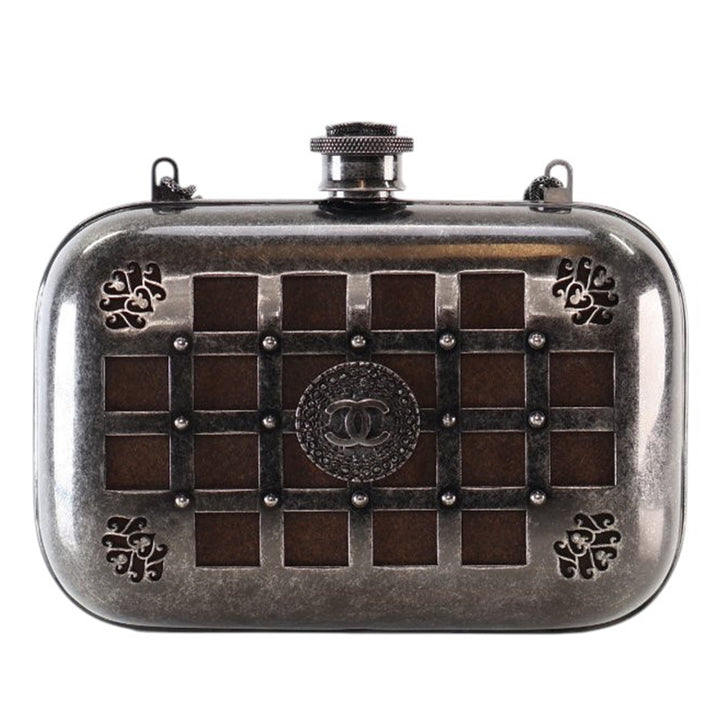Chanel Paris Edinburgh Mini Gunmetal Grid Cage Pochette on Chain Gris