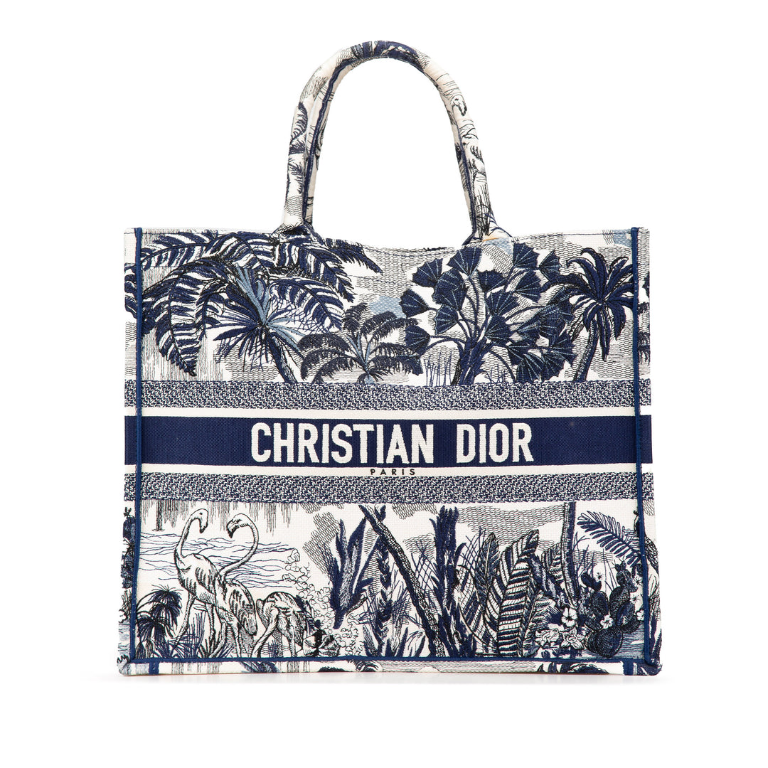 Large Canvas Embroidered Palm Tree Toile De Jouy Book Tote Blue - Gaby Paris