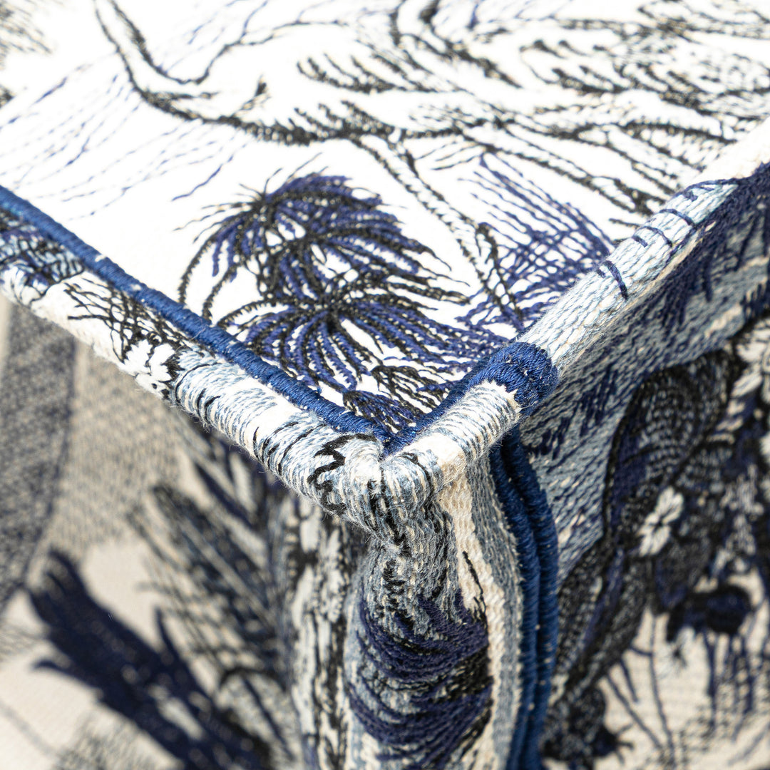 Large Canvas Embroidered Palm Tree Toile De Jouy Book Tote Blue - Gaby Paris