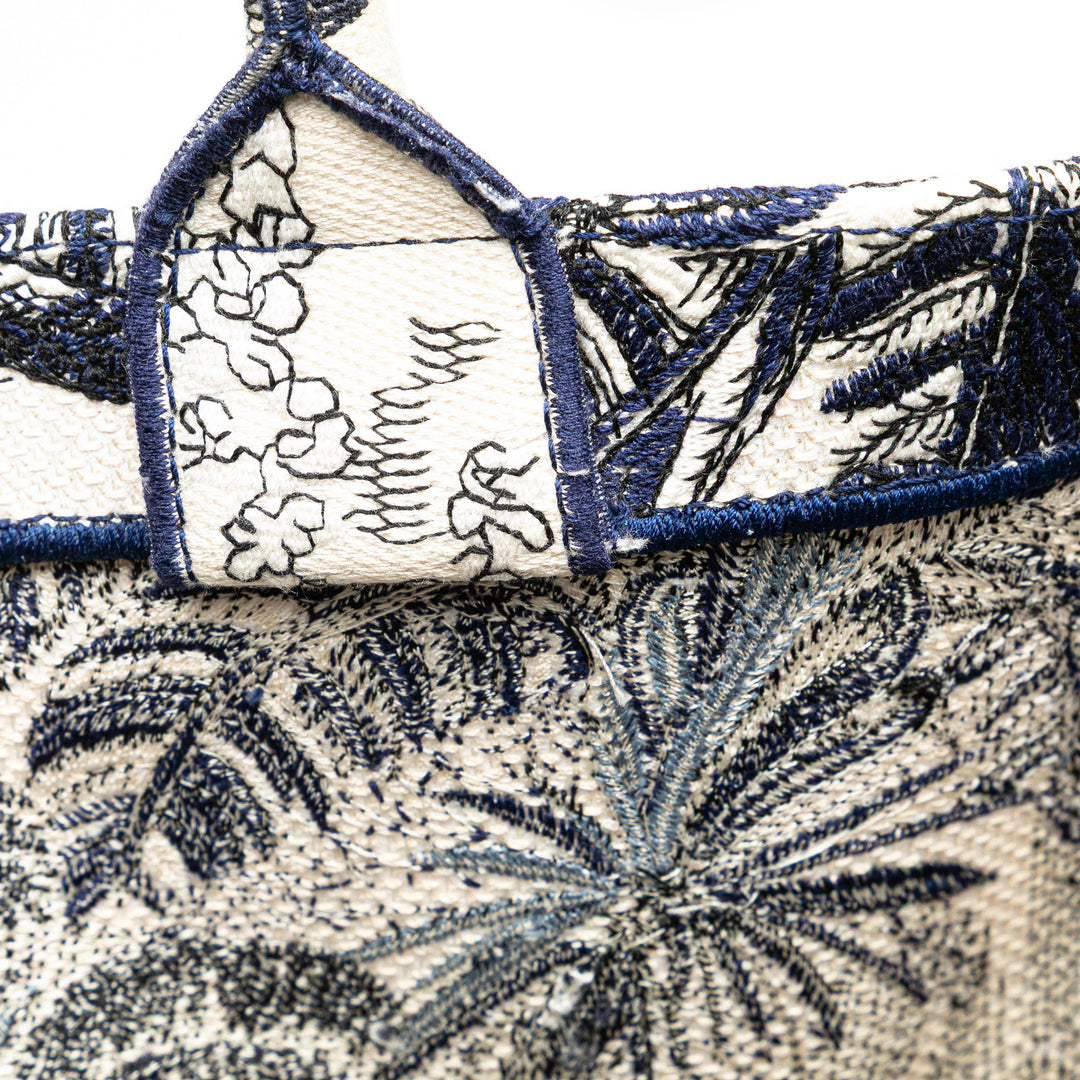 Large Canvas Embroidered Palm Tree Toile De Jouy Book Tote Blue - Gaby Paris