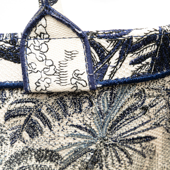 Large Canvas Embroidered Palm Tree Toile De Jouy Book Tote Blue - Gaby Paris
