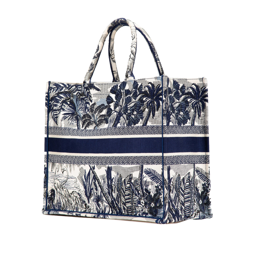 Large Canvas Embroidered Palm Tree Toile De Jouy Book Tote Blue - Gaby Paris