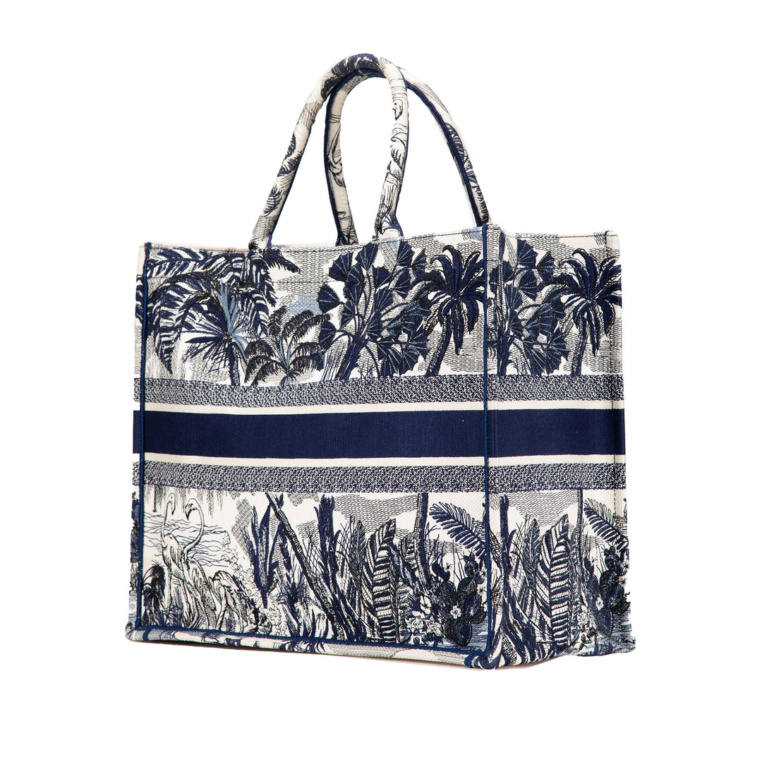 Large Canvas Embroidered Palm Tree Toile De Jouy Book Tote Blue - Gaby Paris