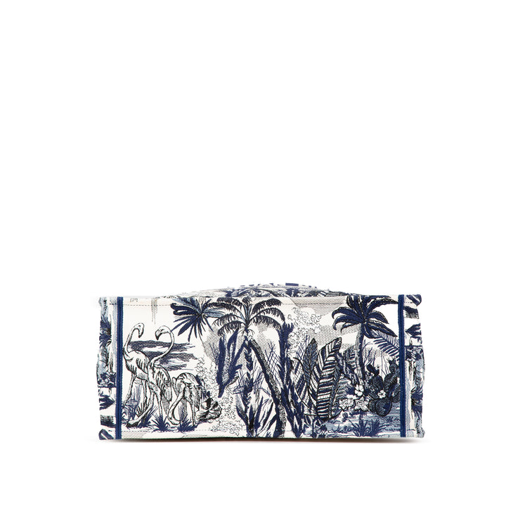 Large Canvas Embroidered Palm Tree Toile De Jouy Book Tote Blue - Gaby Paris