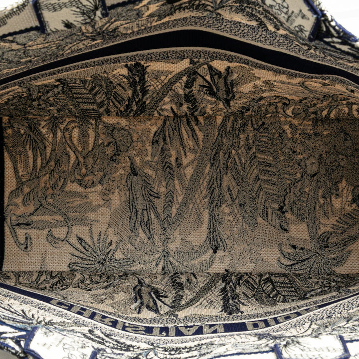 Large Canvas Embroidered Palm Tree Toile De Jouy Book Tote Blue - Gaby Paris
