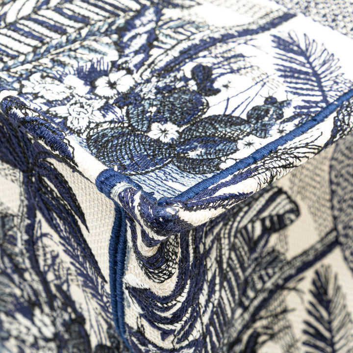 Large Canvas Embroidered Palm Tree Toile De Jouy Book Tote Blue - Gaby Paris