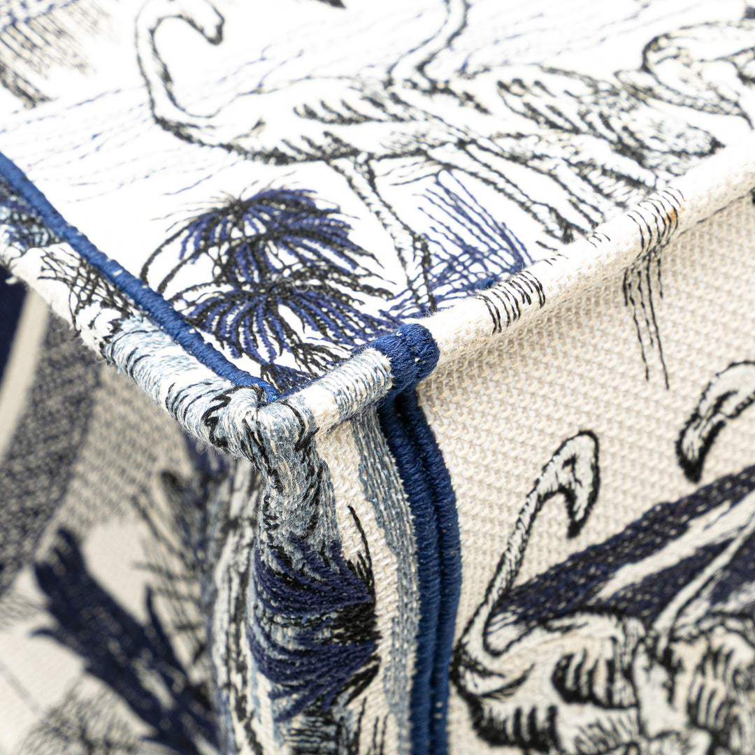 Large Canvas Embroidered Palm Tree Toile De Jouy Book Tote Blue - Gaby Paris
