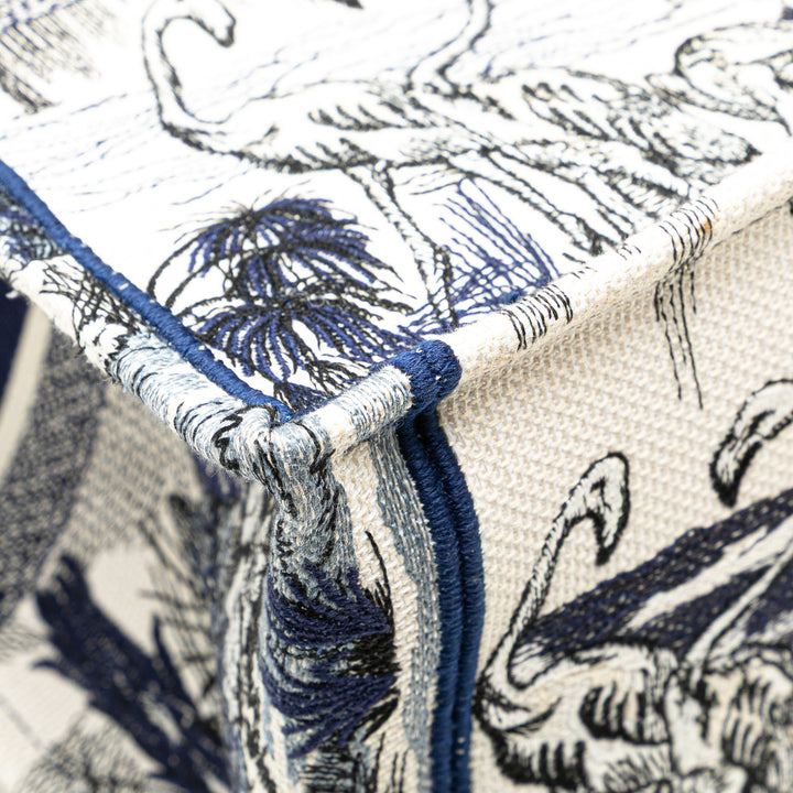 Large Canvas Embroidered Palm Tree Toile De Jouy Book Tote Blue - Gaby Paris