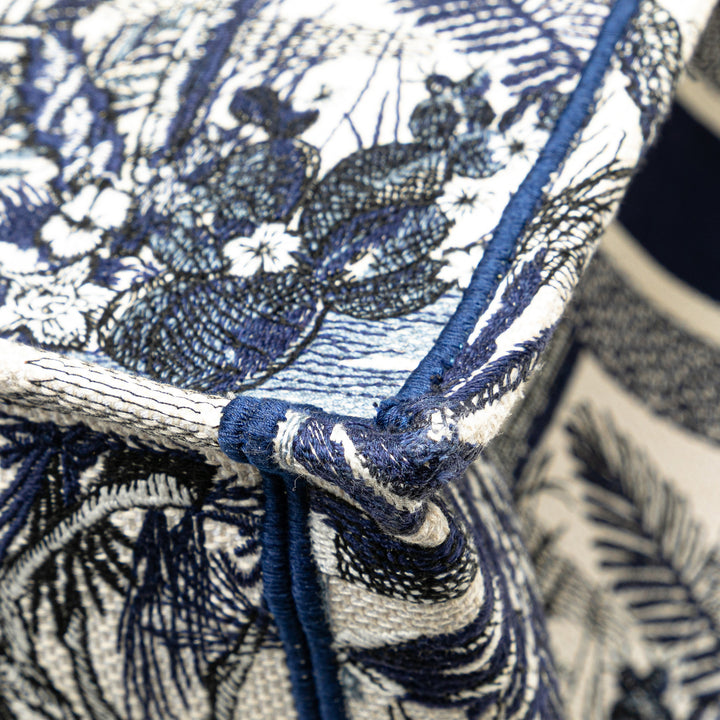 Large Canvas Embroidered Palm Tree Toile De Jouy Book Tote Blue - Gaby Paris