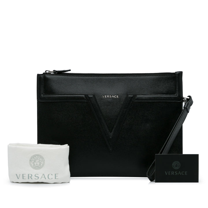 V Logo Leather Clutch Black - Gaby Paris