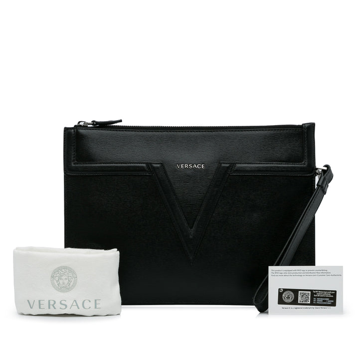 V Logo Leather Clutch Black - Gaby Paris