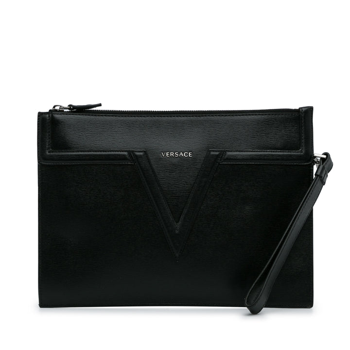 V Logo Leather Clutch Black - Gaby Paris