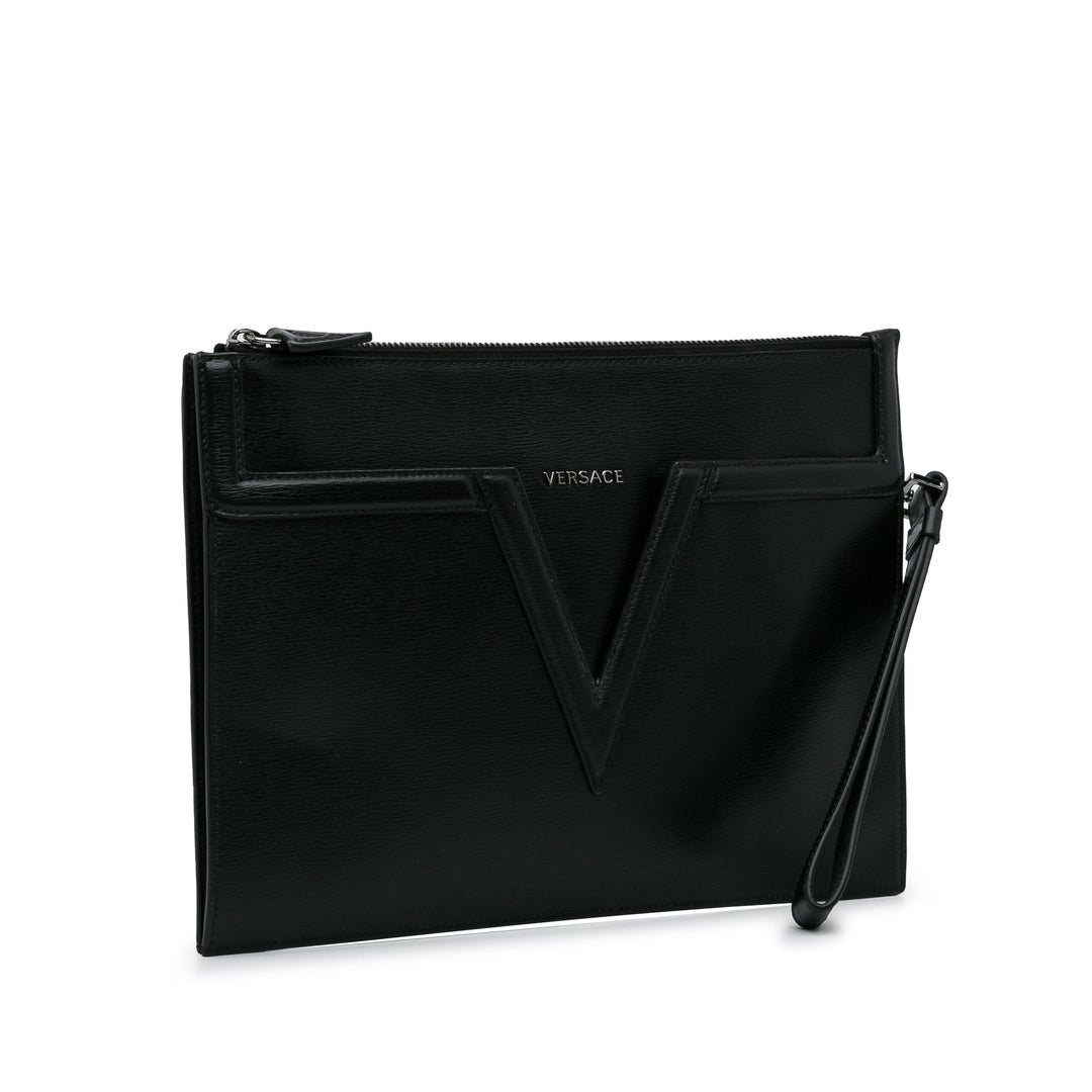 V Logo Leather Clutch Black - Gaby Paris