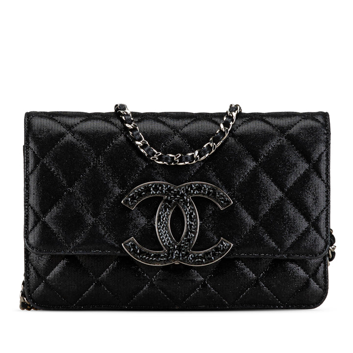 Iridescent Caviar Crystal CC Wallet On Chain Black - Gaby Paris