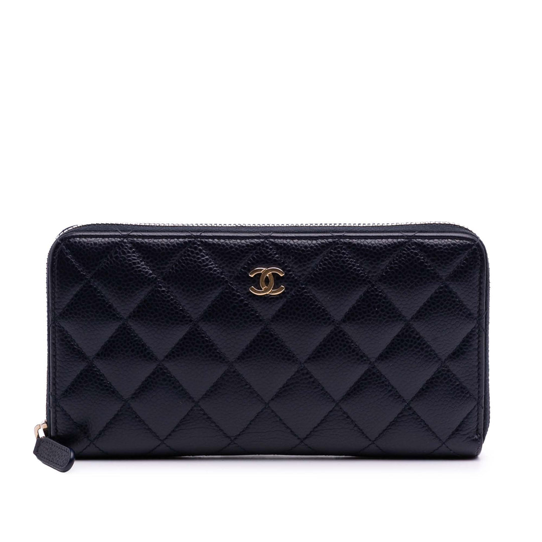 CC Quilted Caviar Zip Around Long Wallet Blue - Gaby Paris