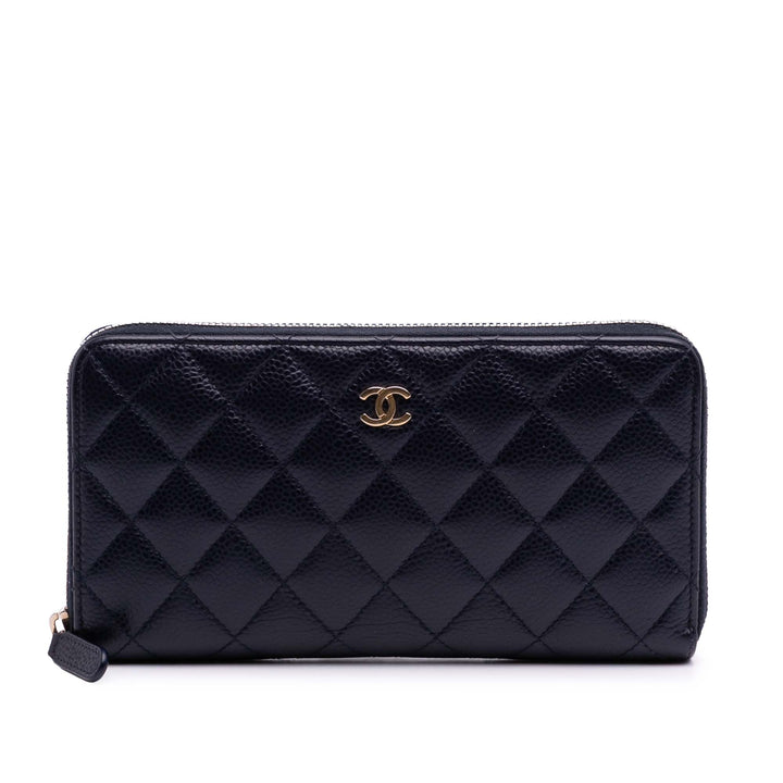 CC Quilted Caviar Zip Around Long Wallet Blue - Gaby Paris