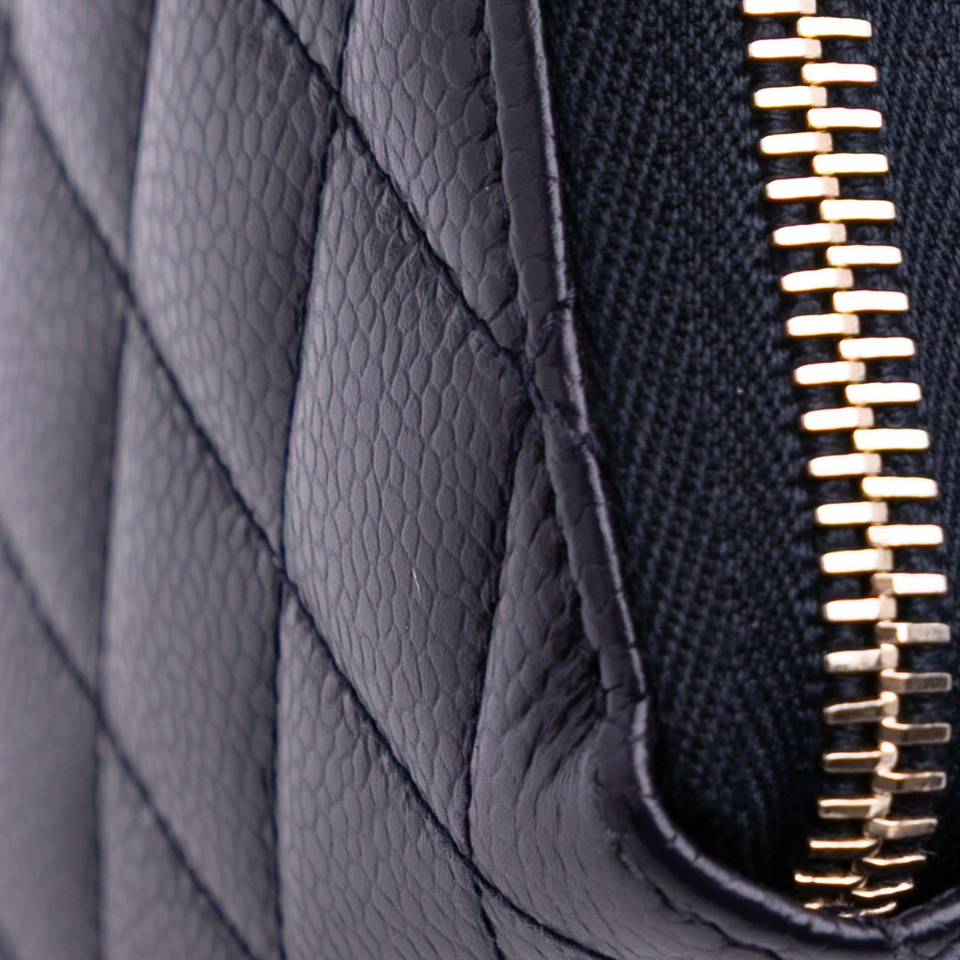 CC Quilted Caviar Zip Around Long Wallet Blue - Gaby Paris