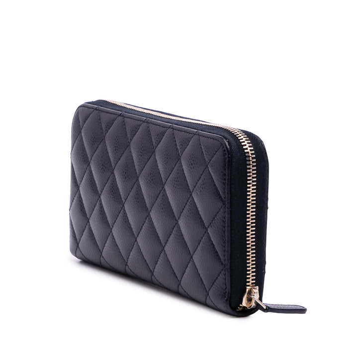 CC Quilted Caviar Zip Around Long Wallet Blue - Gaby Paris