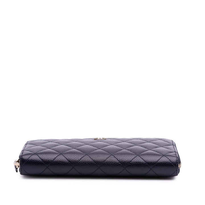 CC Quilted Caviar Zip Around Long Wallet Blue - Gaby Paris