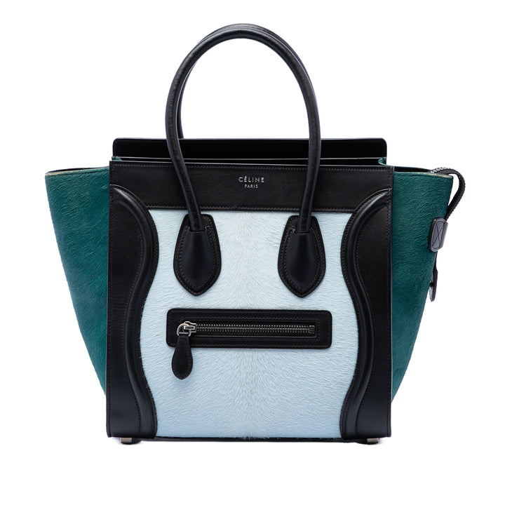 Celine Tricolore Pony Hair Luggage Cabas Micro Matière naturelle Bleu – vue principale – GABY PARIS