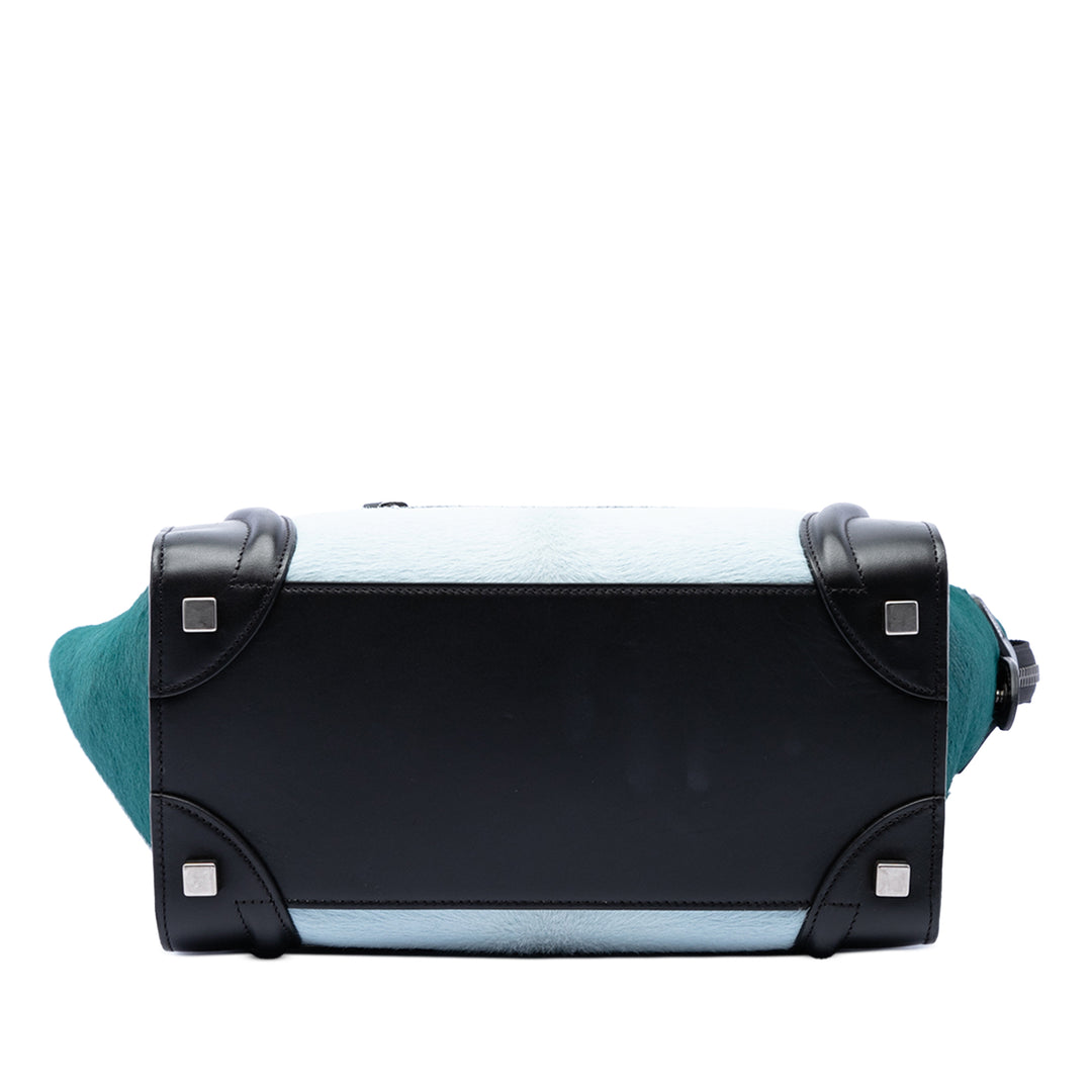 Celine Tricolore Pony Hair Luggage Cabas Micro Matière naturelle Bleu – vue 3 – GABY PARIS