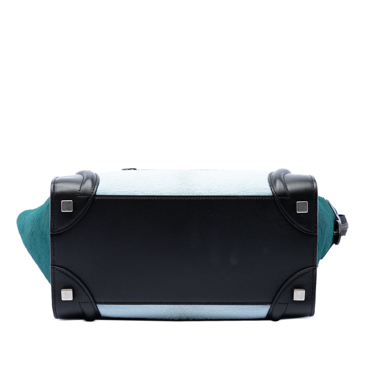 Celine Tricolore Pony Hair Luggage Cabas Micro Matière naturelle Bleu – vue 3 – GABY PARIS