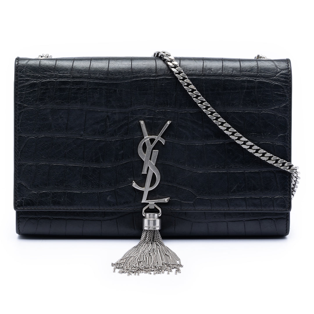 Saint Laurent Medium Croc embossé Cuir Kate Pompon Sac porté croisé